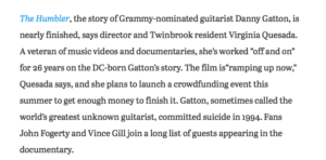 Washingtonian Magazine article about films immortalizing music legends like Danny Gatton.